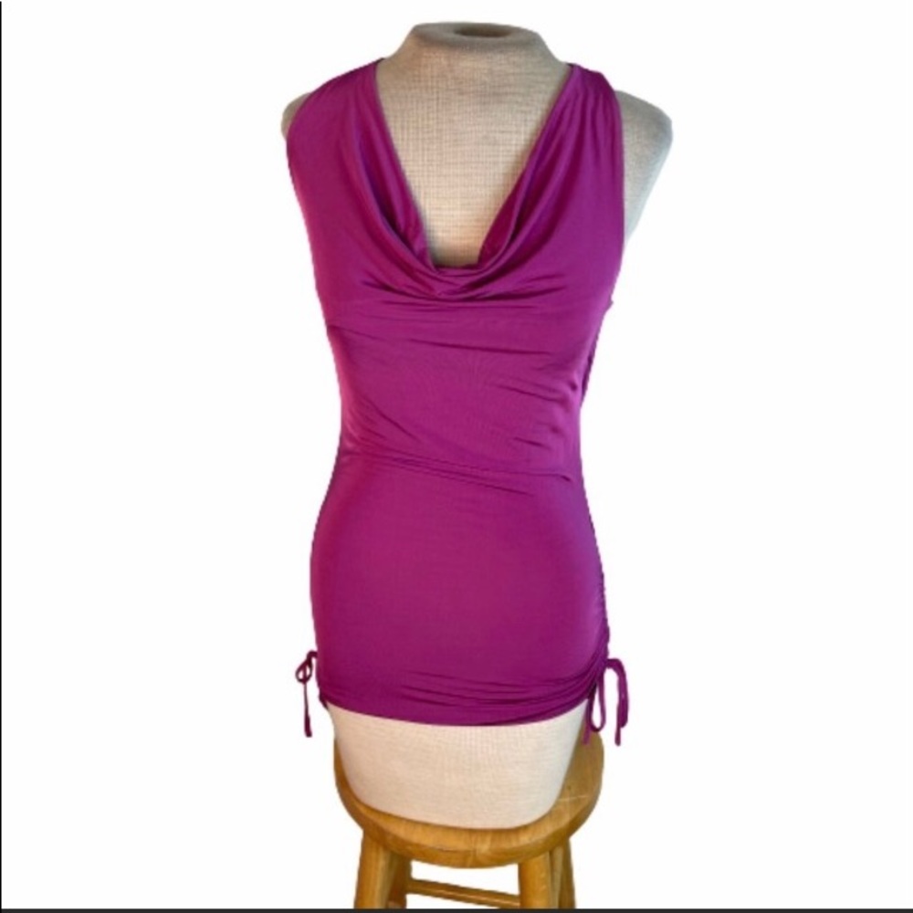 Guess Silky Fuchsia Cowl Neck & Back Top with Lace Panel Back & Gathered Bottom
